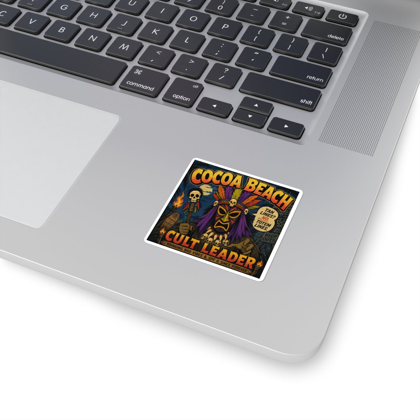 Cocoa Beach Cult Leader Sticker — Retro Tiki Skull Square Sticker