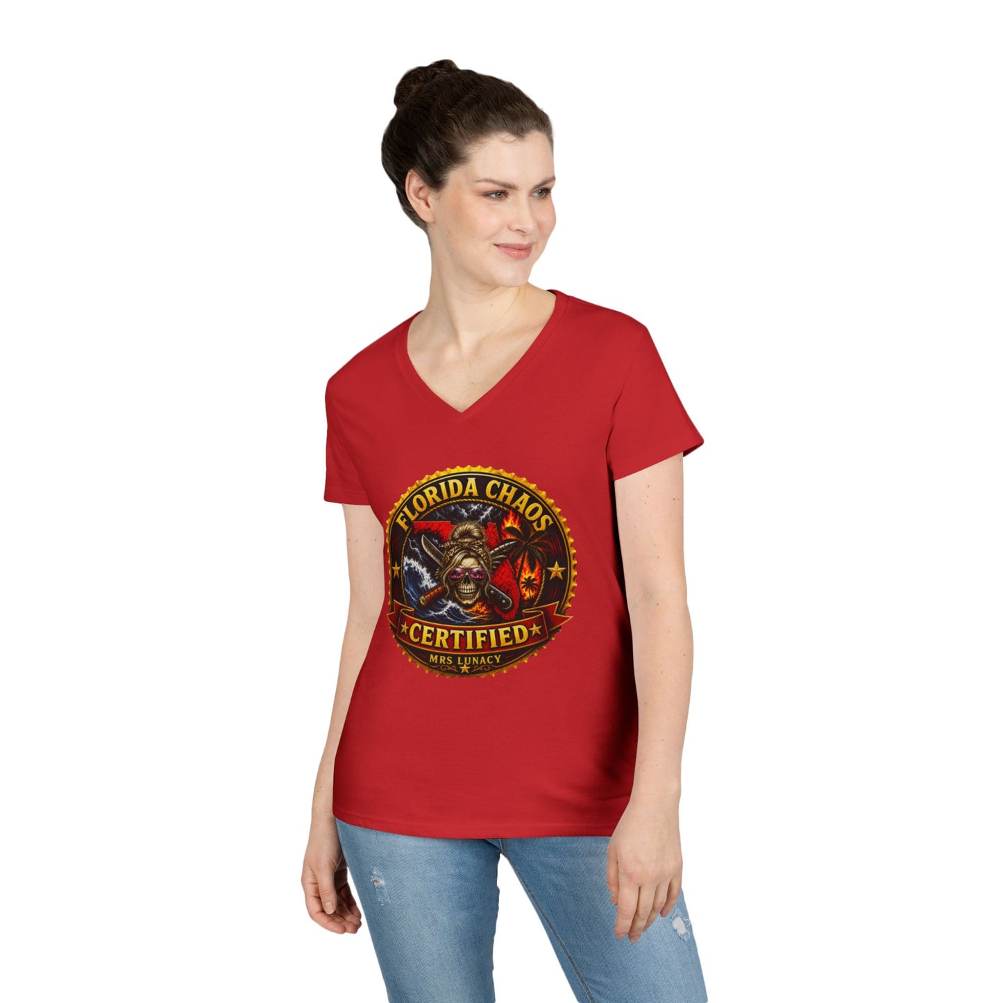 Florida Chaos V-Neck T‑Shirt — Mrs. Lunacy Badge