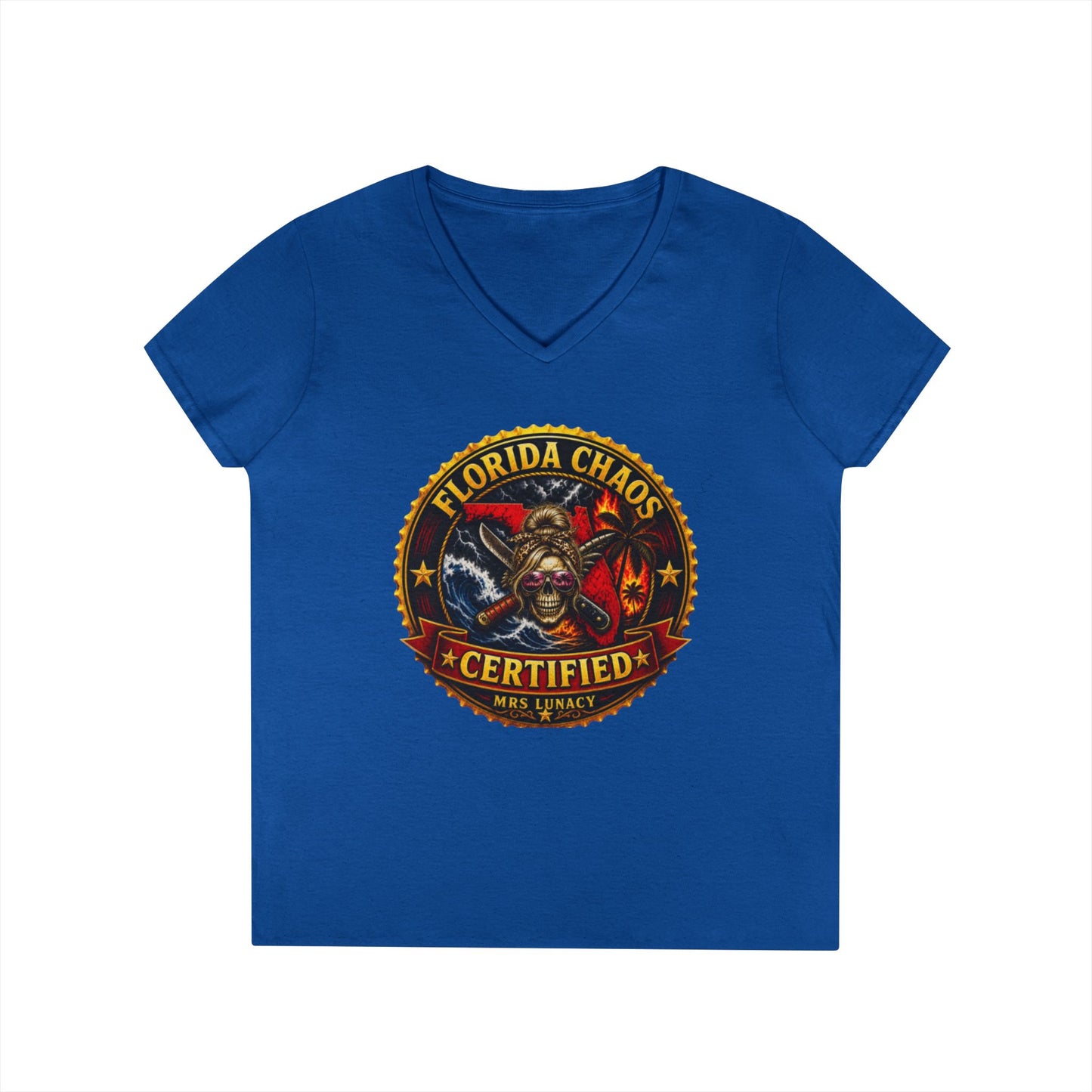Florida Chaos V-Neck T‑Shirt — Mrs. Lunacy Badge