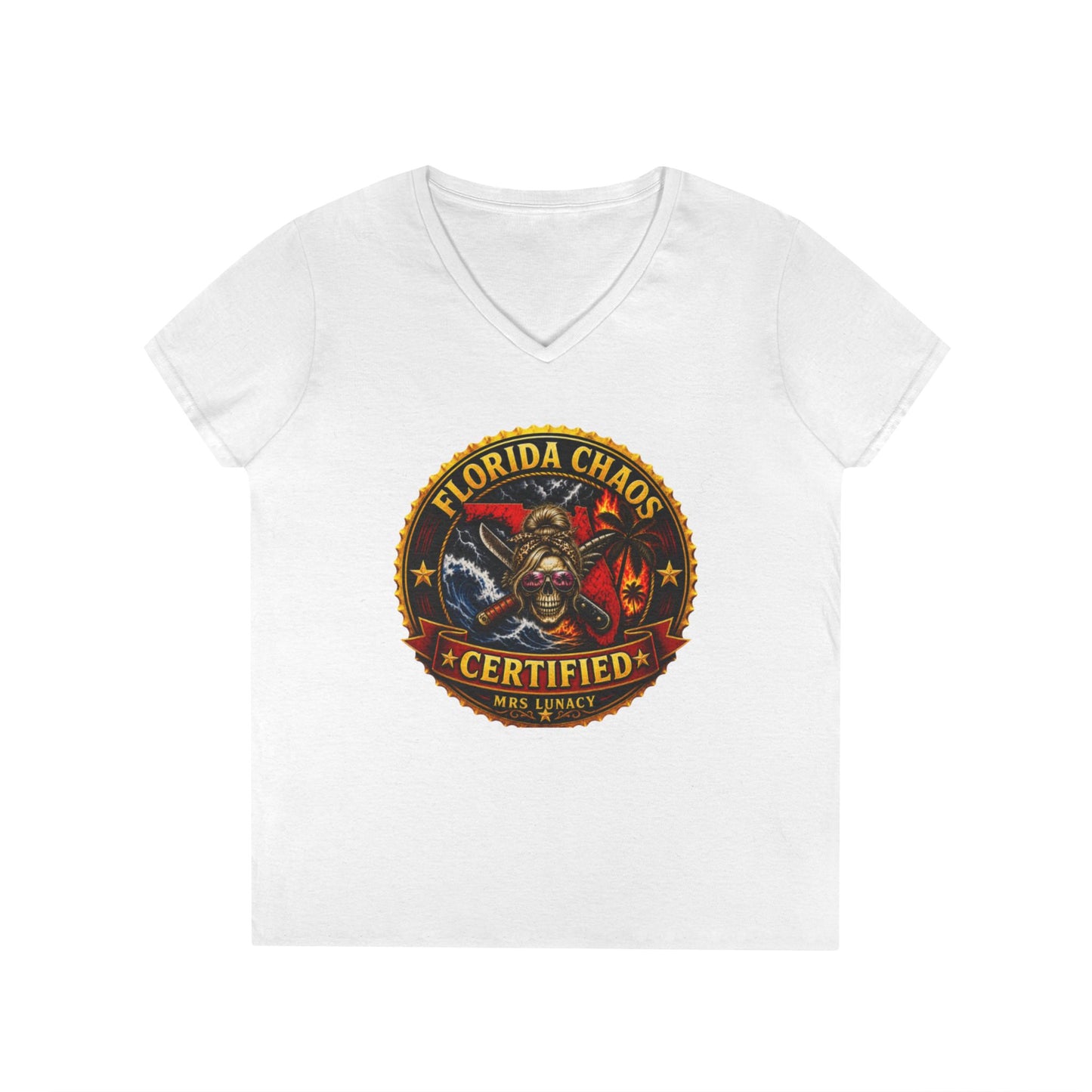 Florida Chaos V-Neck T‑Shirt — Mrs. Lunacy Badge