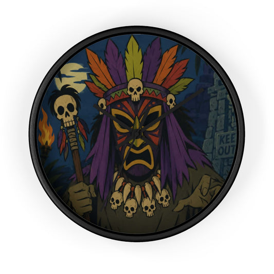 Voodoo Tribal Mask Wall Clock — Spooky Skull Shaman Decor