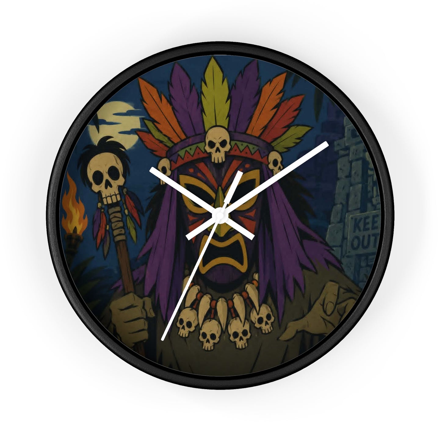 Voodoo Tribal Mask Wall Clock — Spooky Skull Shaman Decor