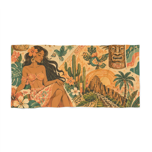 Vintage Tropical Beach Towel – Retro Hula Girl & Tiki Print