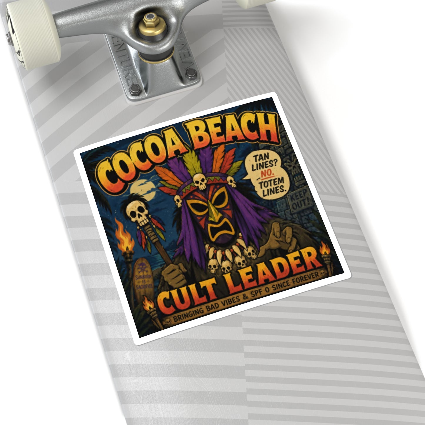 Cocoa Beach Cult Leader Sticker — Retro Tiki Skull Square Sticker