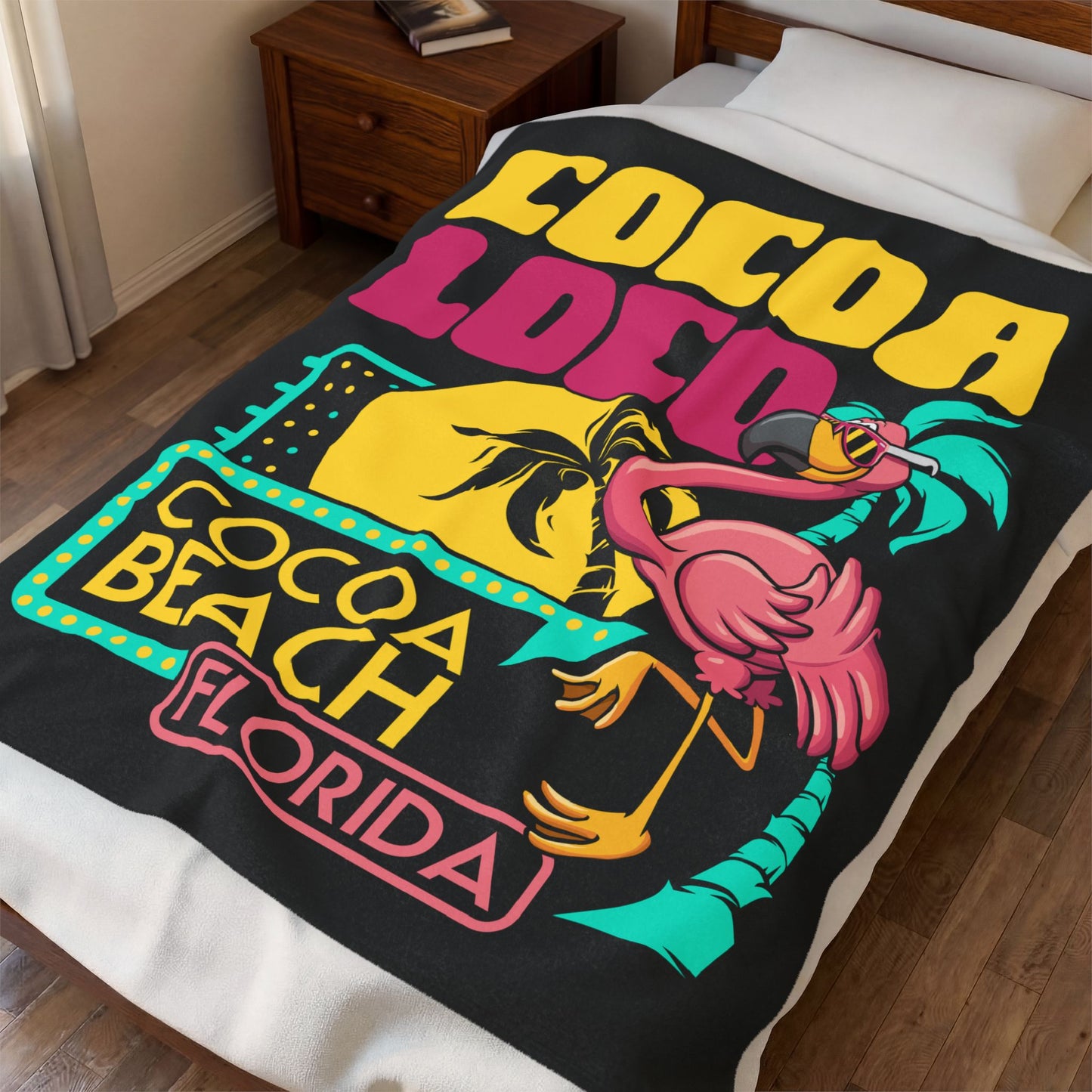 Cocoa Loco Cocoa Beach Florida Plush Blanket — Retro Flamingo Beach Throw