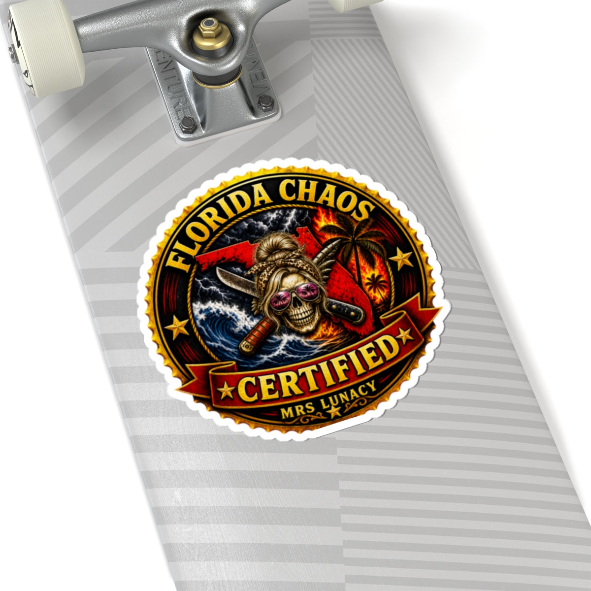 Florida Chaos Sticker – Mrs. Lunacy Badge | Waterproof Decal for Florida Locals