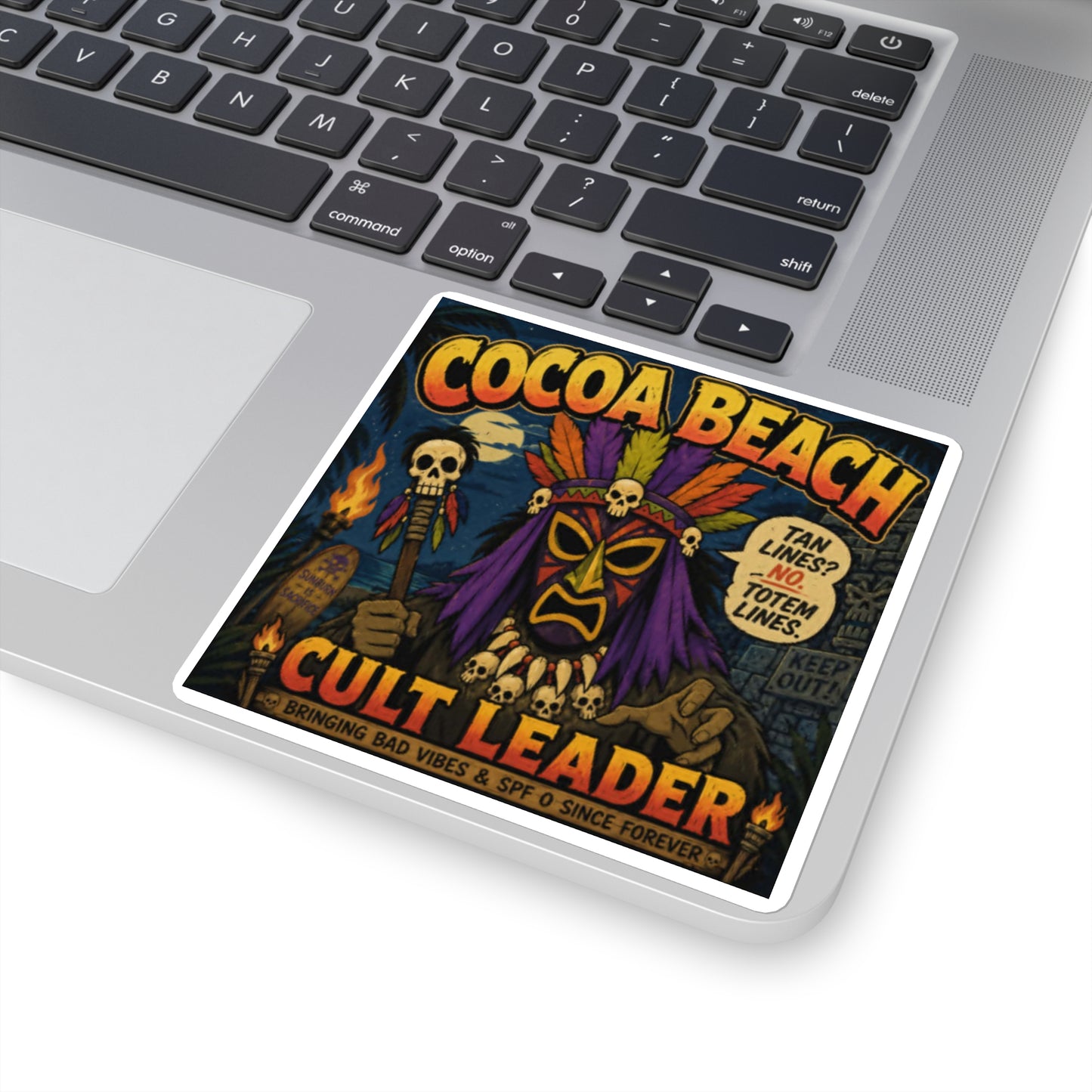 Cocoa Beach Cult Leader Sticker — Retro Tiki Skull Square Sticker
