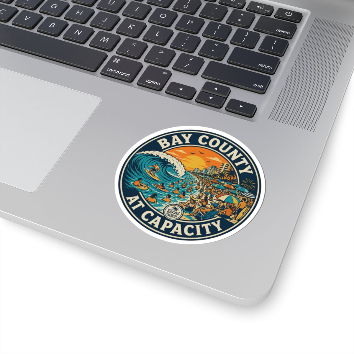 Bay County At Capacity Sticker — Retro Beach Surfing Scene Sticker