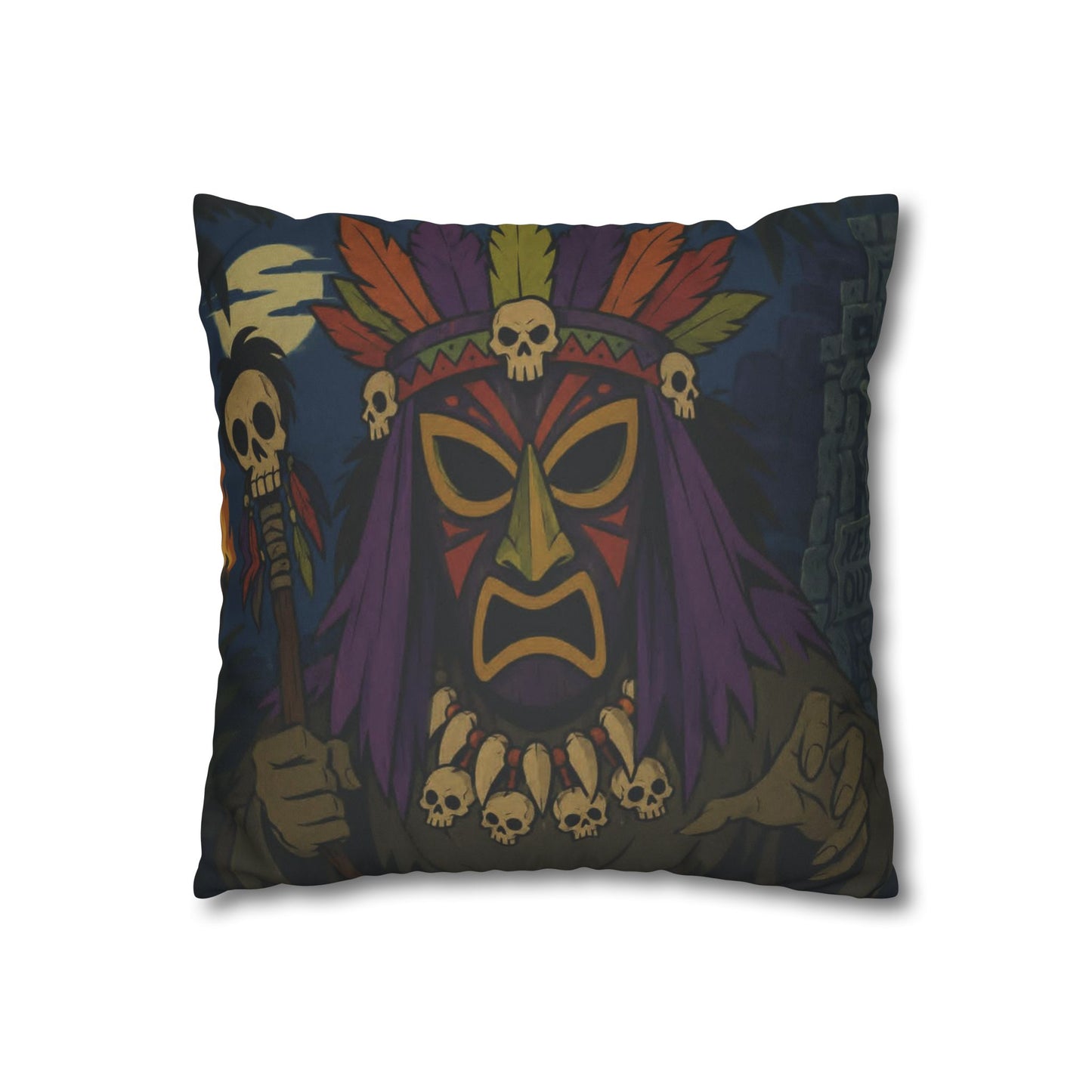 Tiki Shaman Pillowcase — Faux Suede Tribal Skull Decorative Throw Pillow