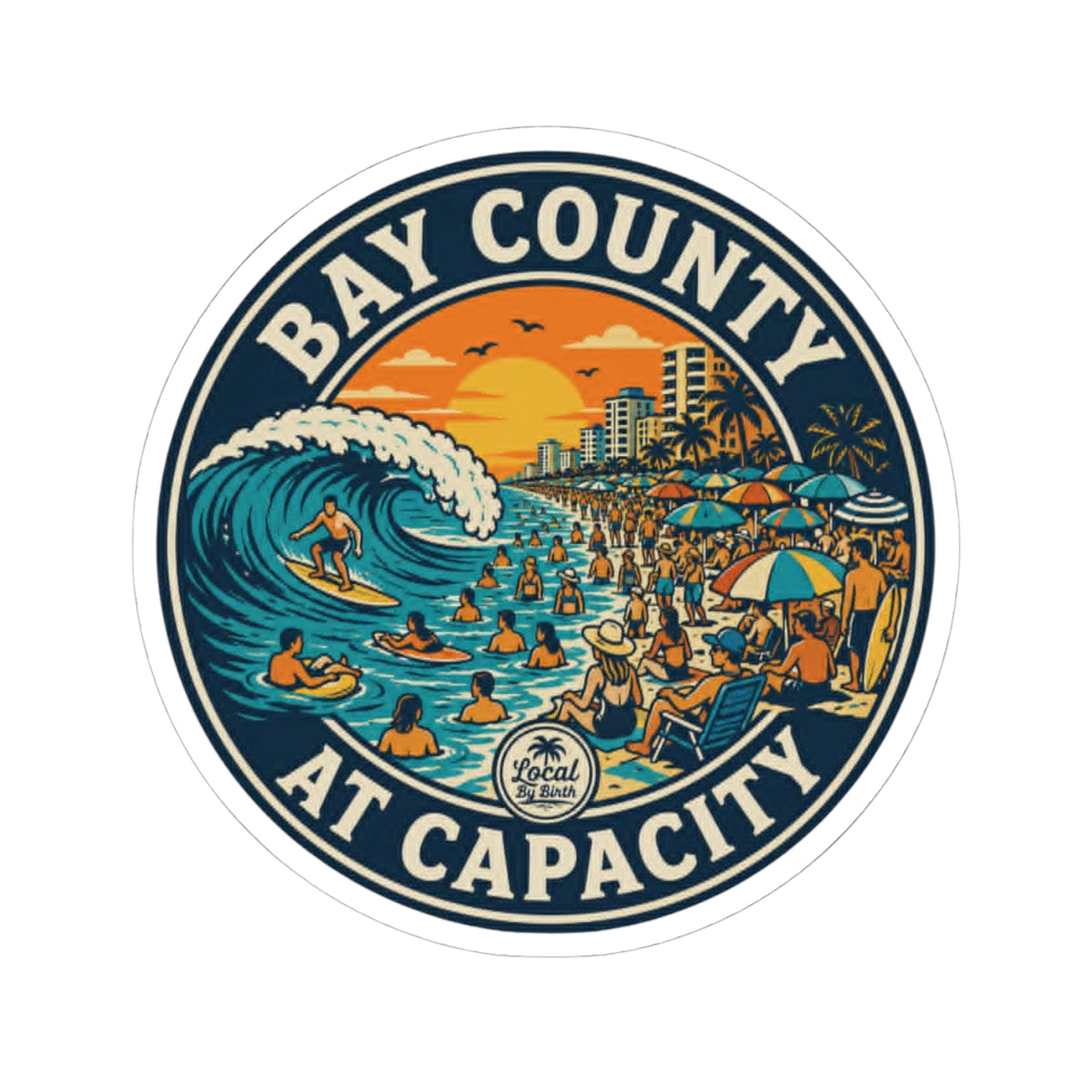 Bay County At Capacity Sticker — Retro Beach Surfing Scene Sticker
