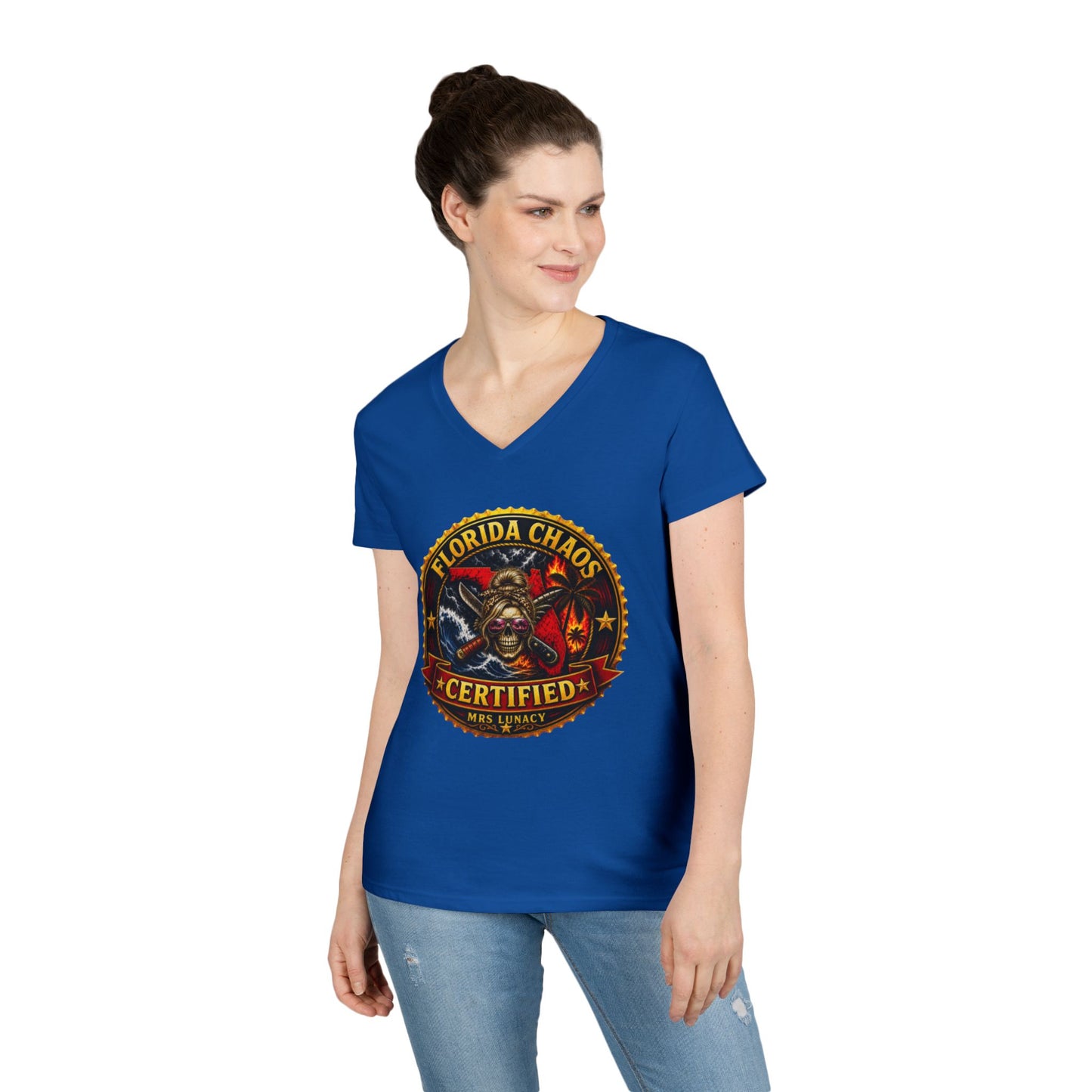 Florida Chaos V-Neck T‑Shirt — Mrs. Lunacy Badge