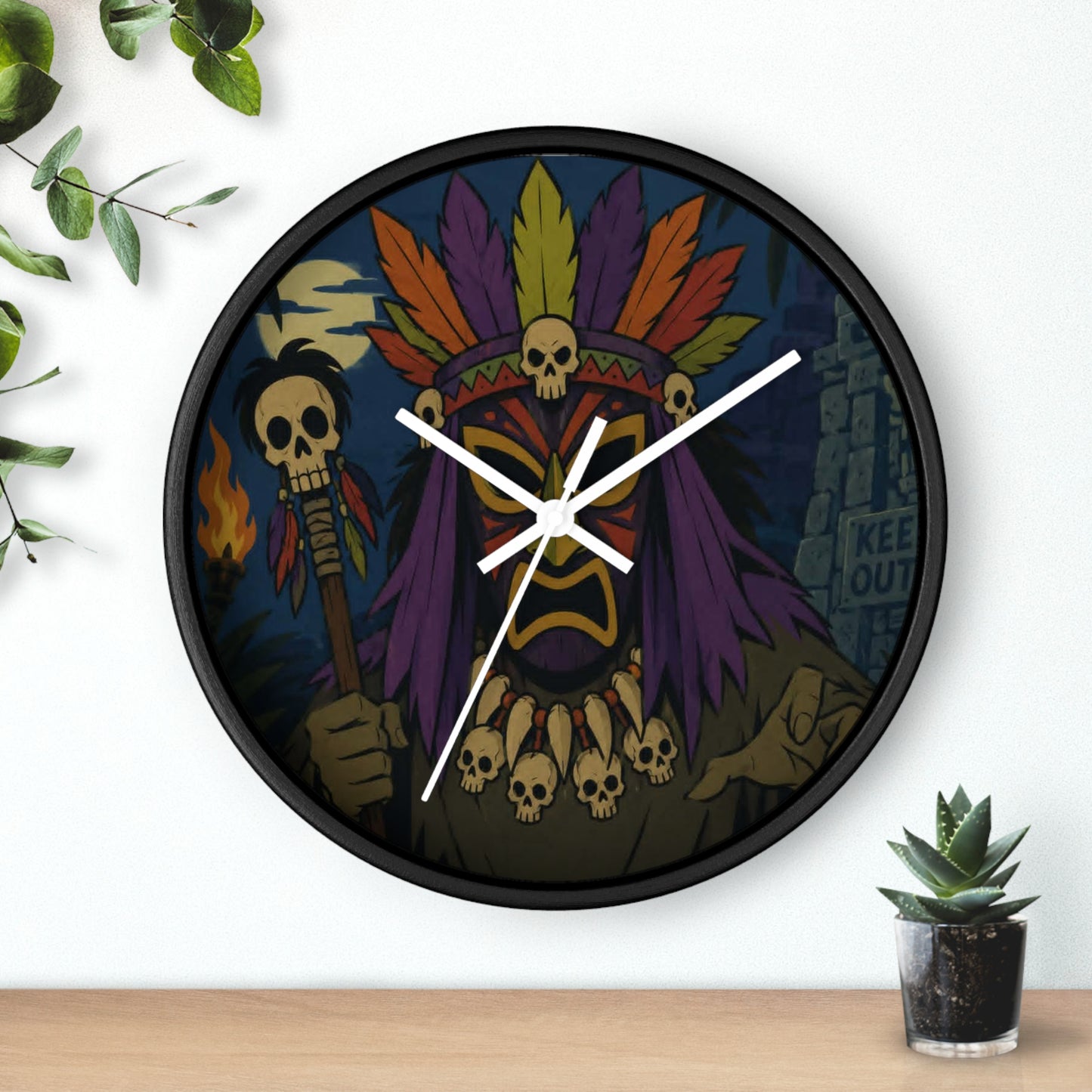 Voodoo Tribal Mask Wall Clock — Spooky Skull Shaman Decor