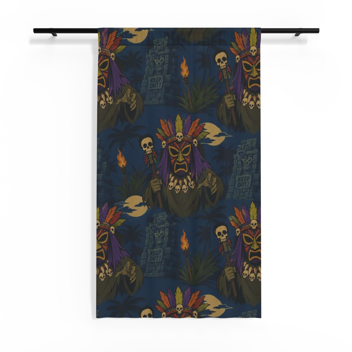 Tiki Skull Sheer Curtain — Tropical Tribal Window Panel