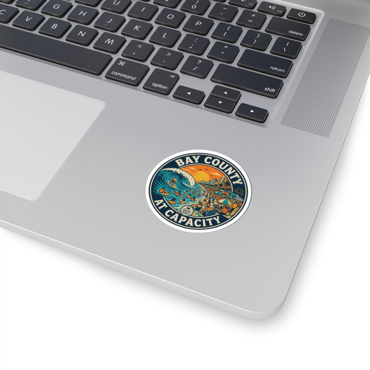 Bay County At Capacity Sticker — Retro Beach Surfing Scene Sticker