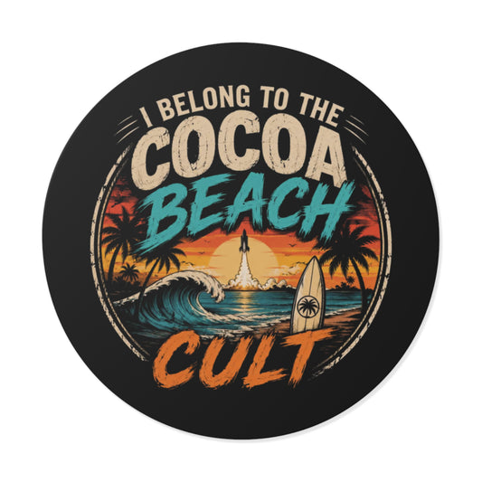Cocoa Beach Cult Round Vinyl Sticker – Retro Surf Sunset Design
