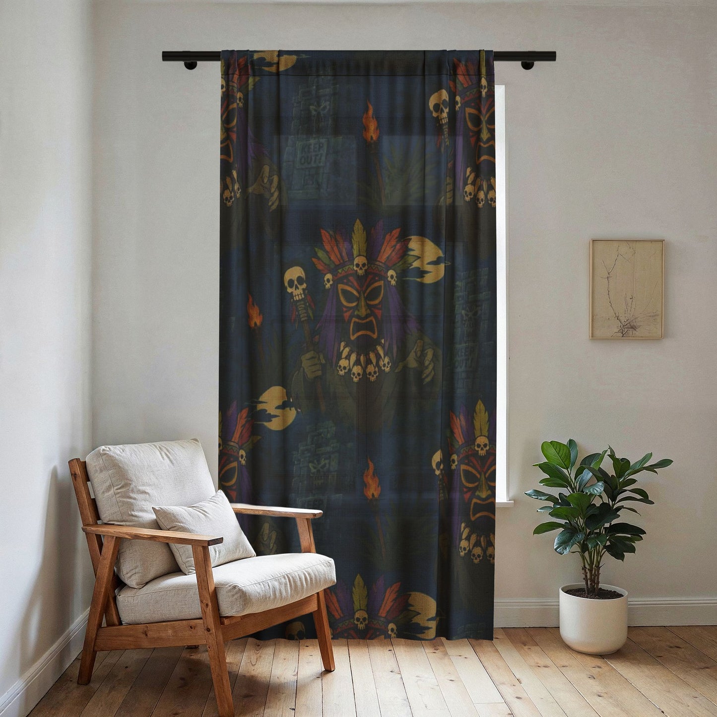 Tiki Skull Sheer Curtain — Tropical Tribal Window Panel