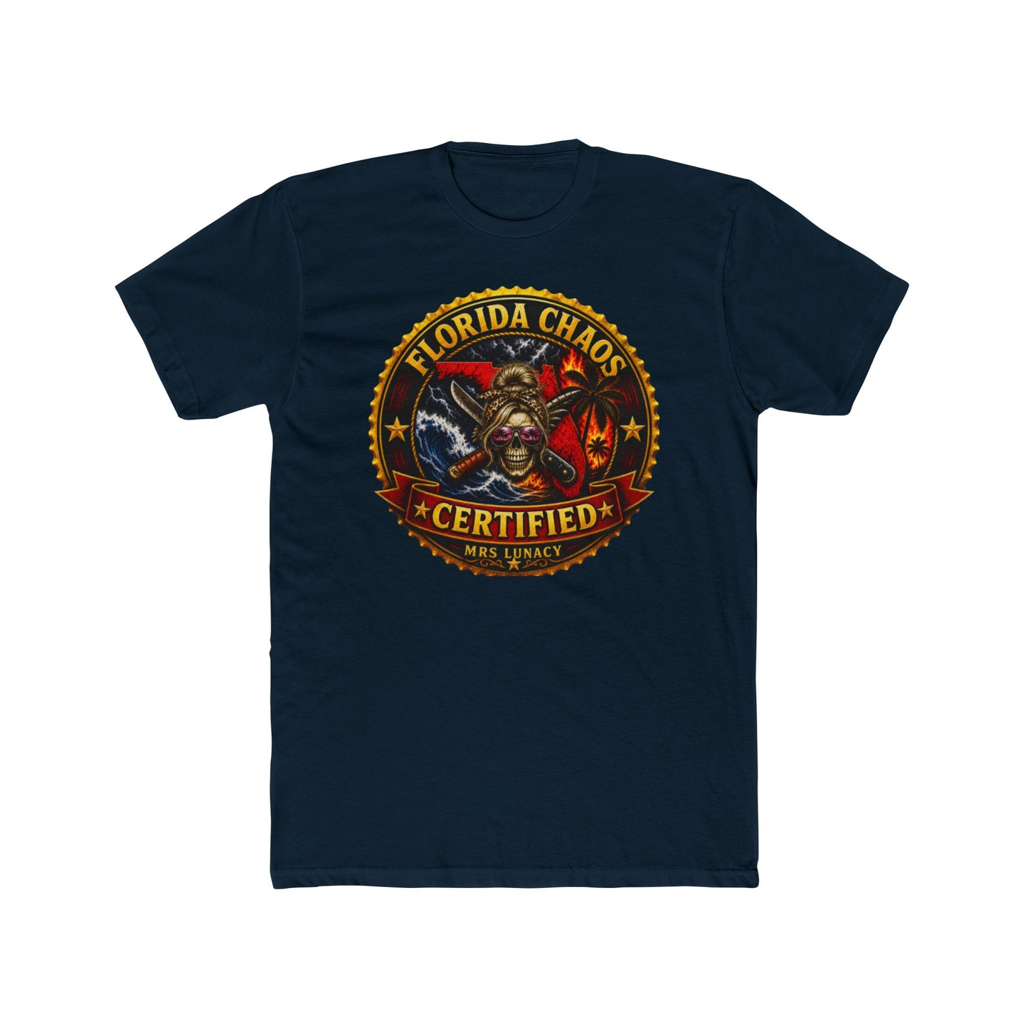 Florida Chaos Certified T-Shirt — Skull, Palm Trees & Hurricane Graphic Tee