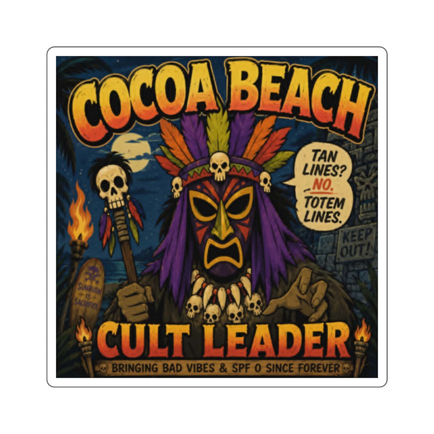 Cocoa Beach Cult Leader Sticker — Retro Tiki Skull Square Sticker