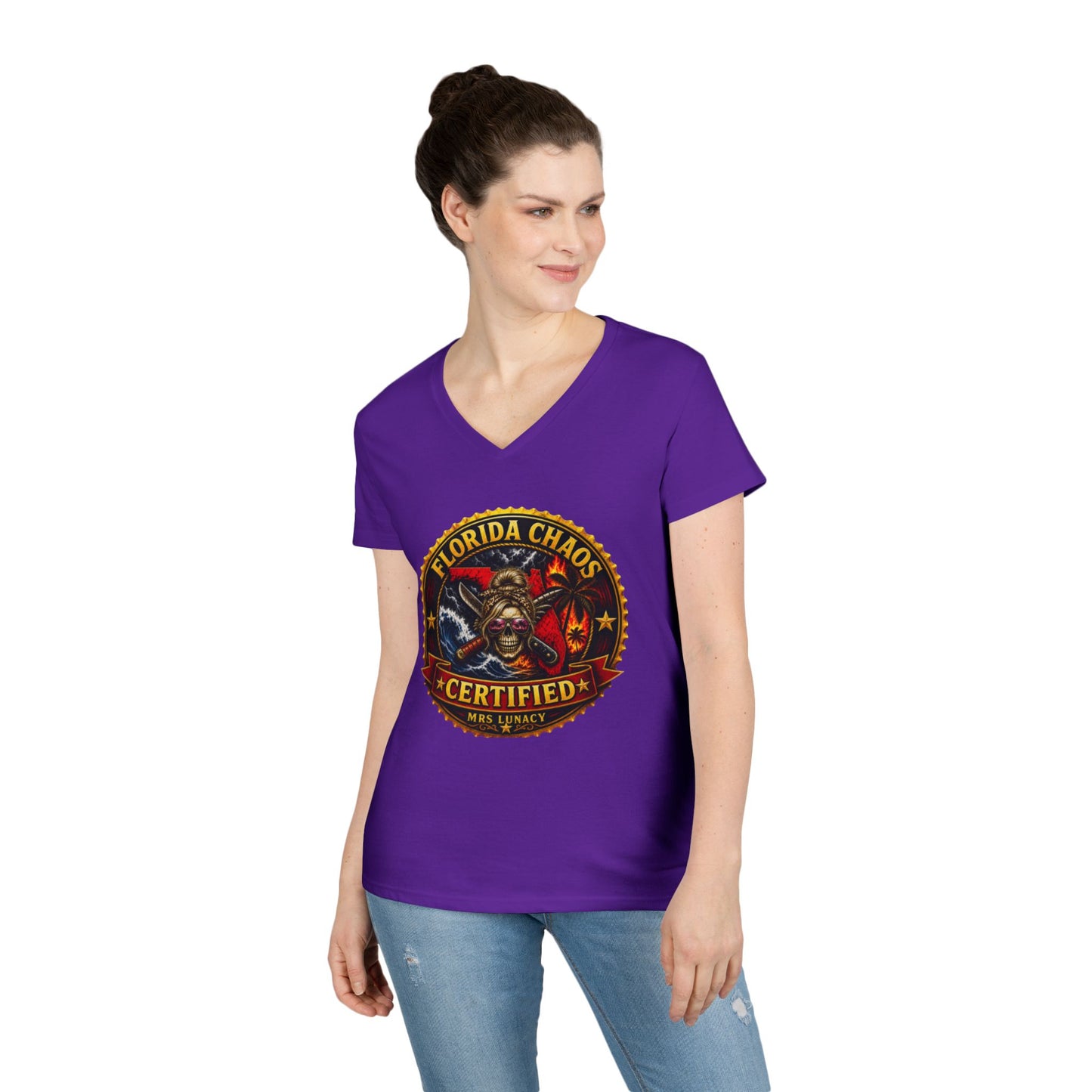 Florida Chaos V-Neck T‑Shirt — Mrs. Lunacy Badge