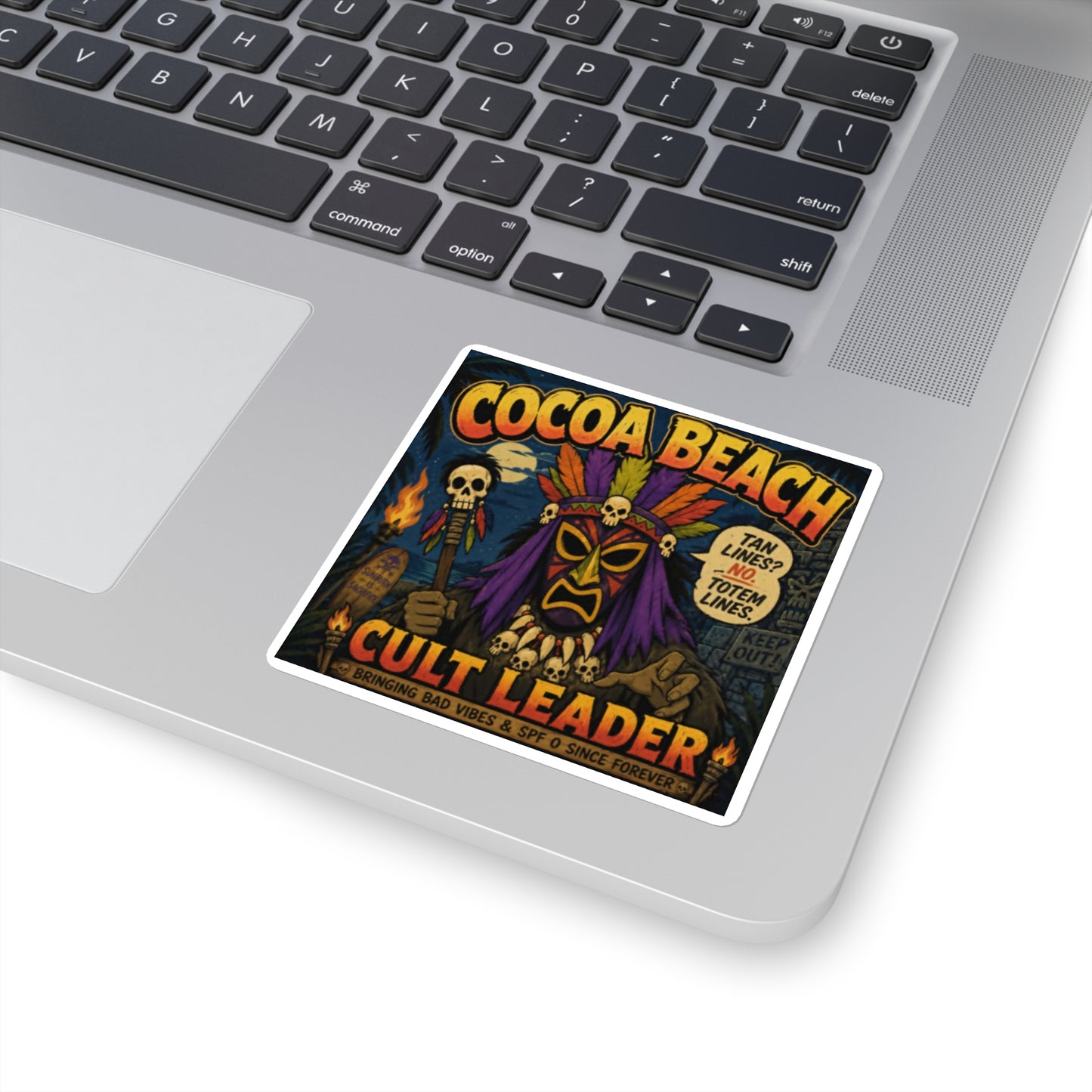 Cocoa Beach Cult Leader Sticker — Retro Tiki Skull Square Sticker