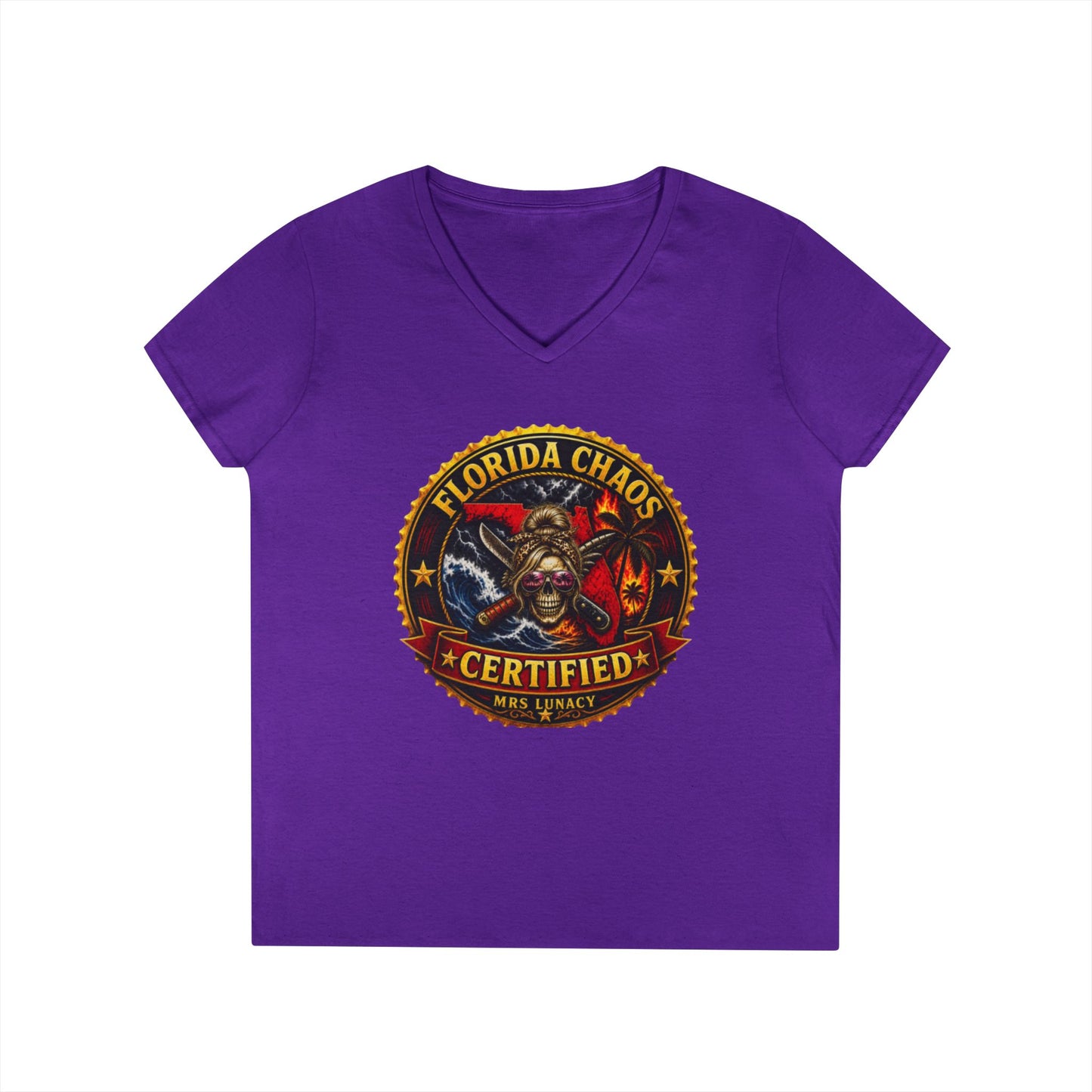 Florida Chaos V-Neck T‑Shirt — Mrs. Lunacy Badge
