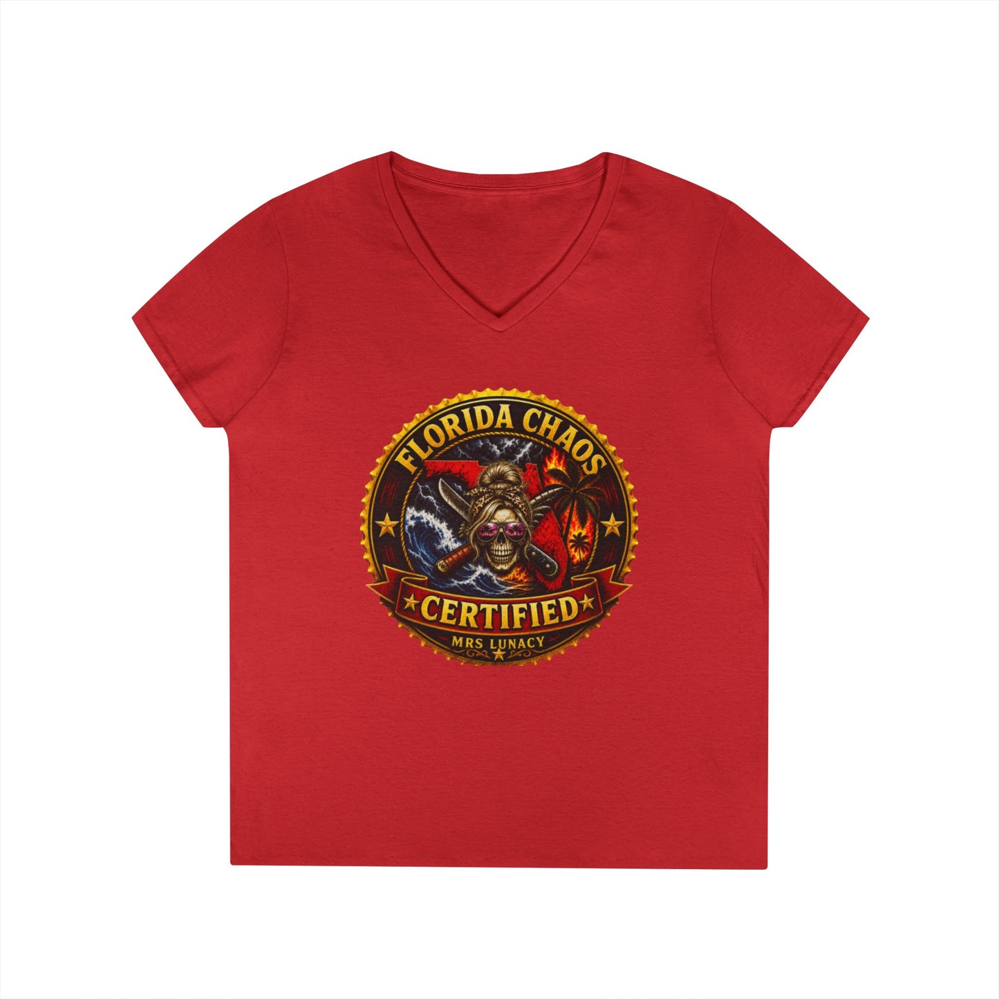 Florida Chaos V-Neck T‑Shirt — Mrs. Lunacy Badge