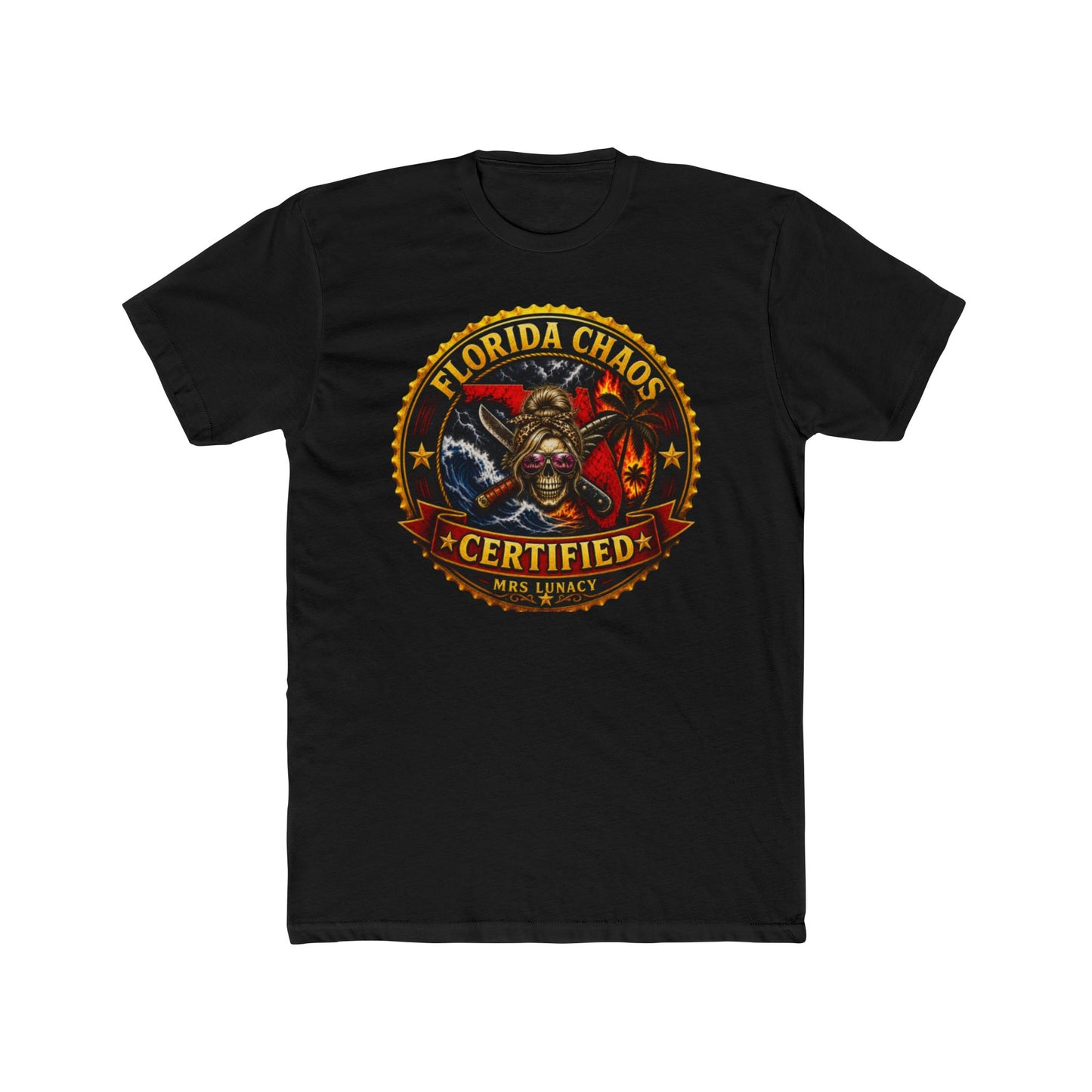 Florida Chaos Certified T-Shirt — Skull, Palm Trees & Hurricane Graphic Tee