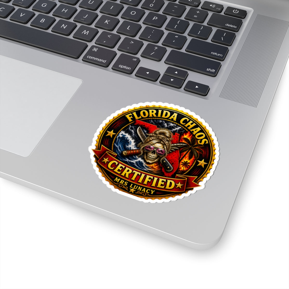 Florida Chaos Sticker – Mrs. Lunacy Badge | Waterproof Decal for Florida Locals