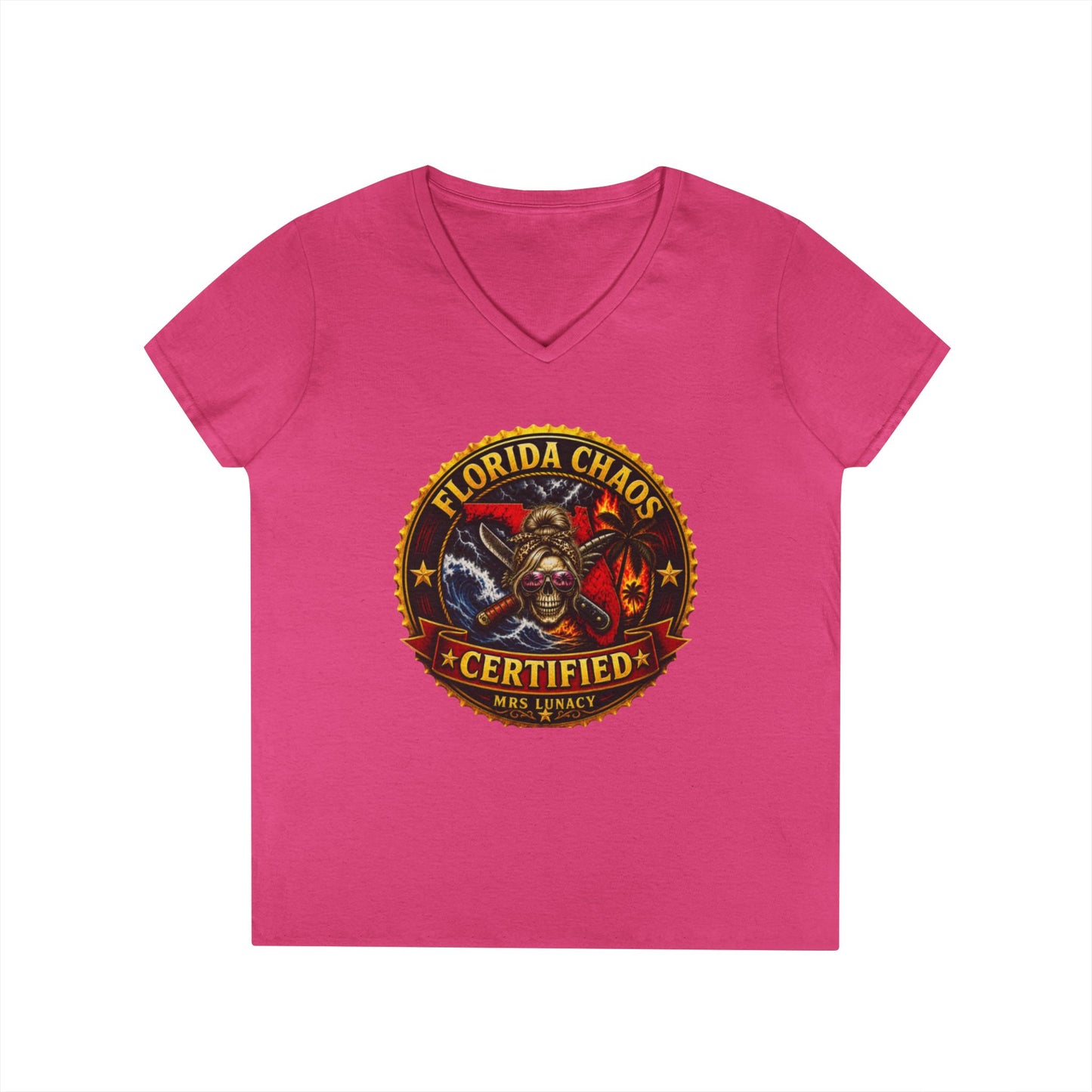 Florida Chaos V-Neck T‑Shirt — Mrs. Lunacy Badge