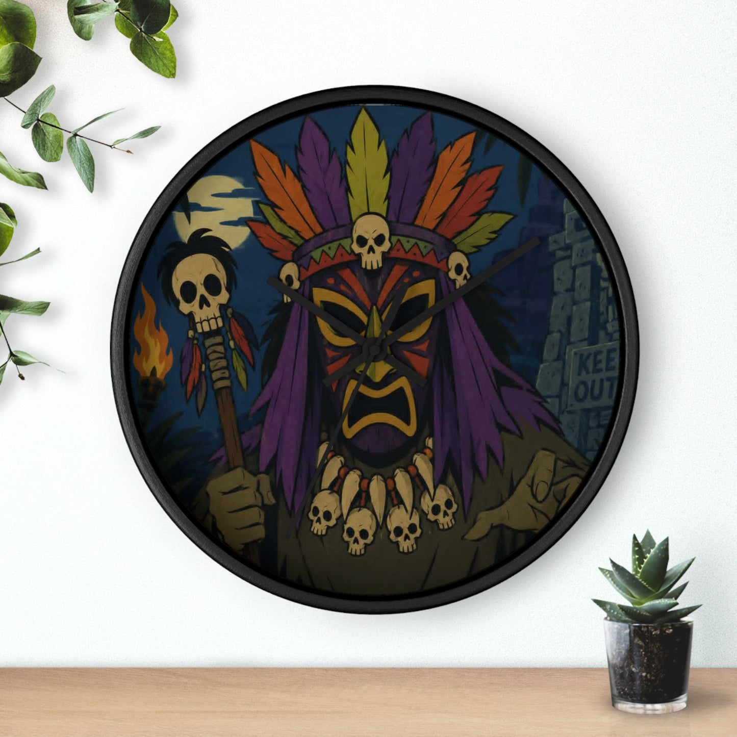 Voodoo Tribal Mask Wall Clock — Spooky Skull Shaman Decor