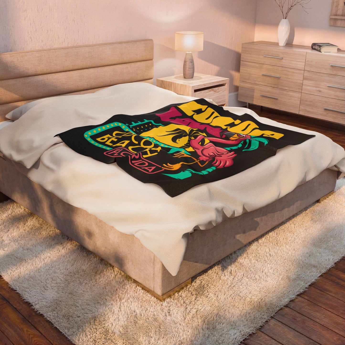 Cocoa Loco Cocoa Beach Florida Plush Blanket — Retro Flamingo Beach Throw
