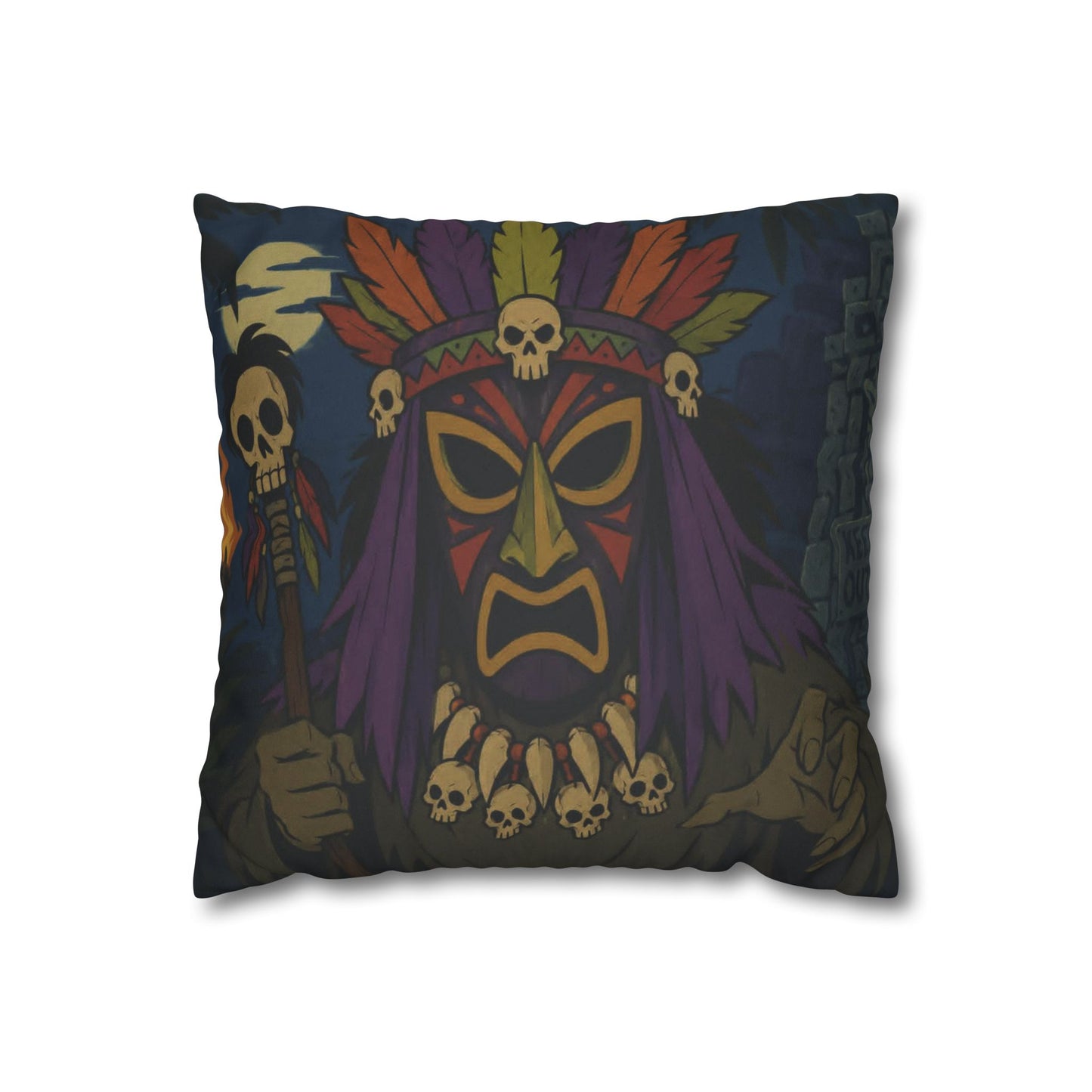 Tiki Shaman Pillowcase — Faux Suede Tribal Skull Decorative Throw Pillow