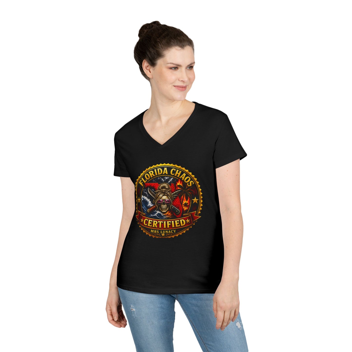 Florida Chaos V-Neck T‑Shirt — Mrs. Lunacy Badge
