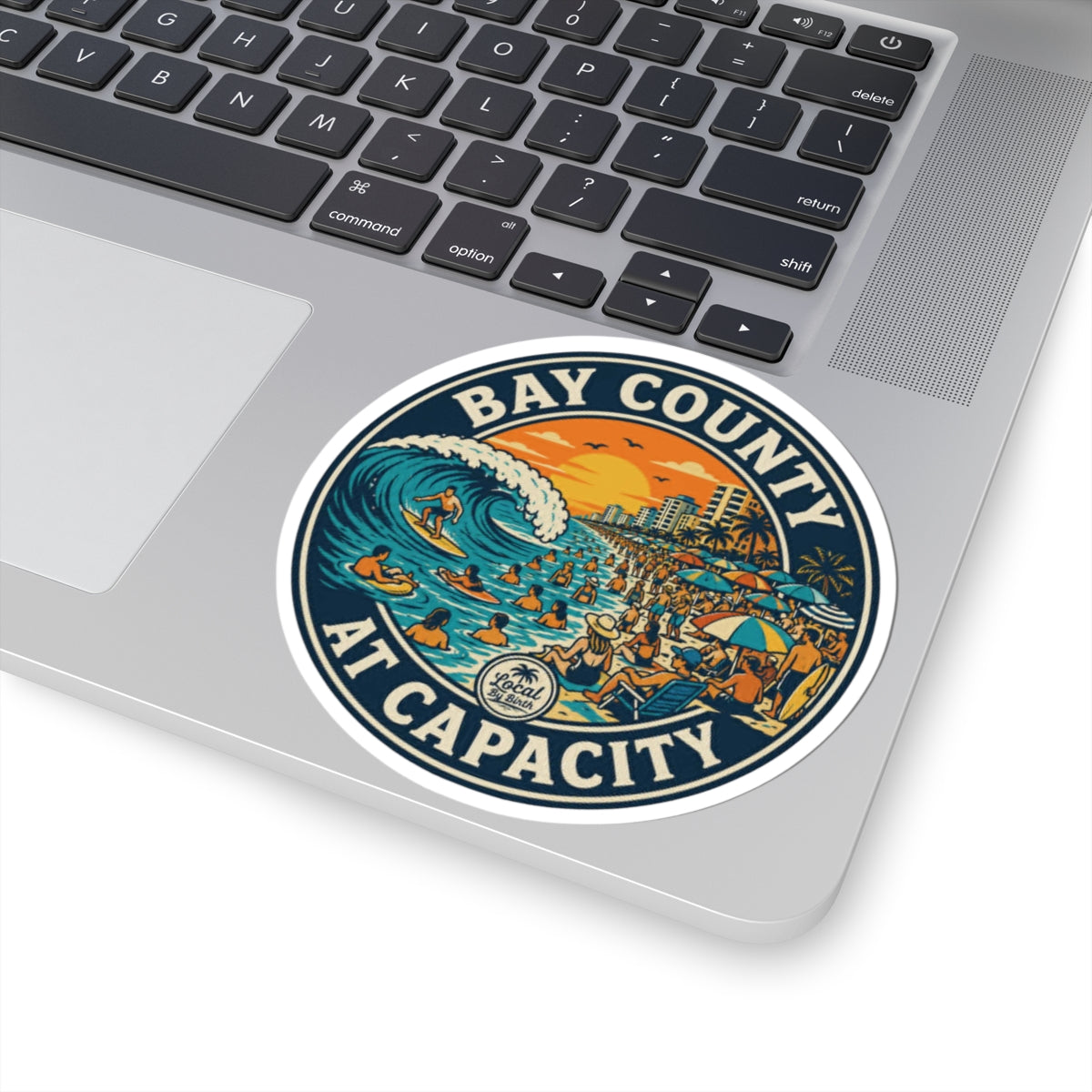 Bay County At Capacity Sticker — Retro Beach Surfing Scene Sticker