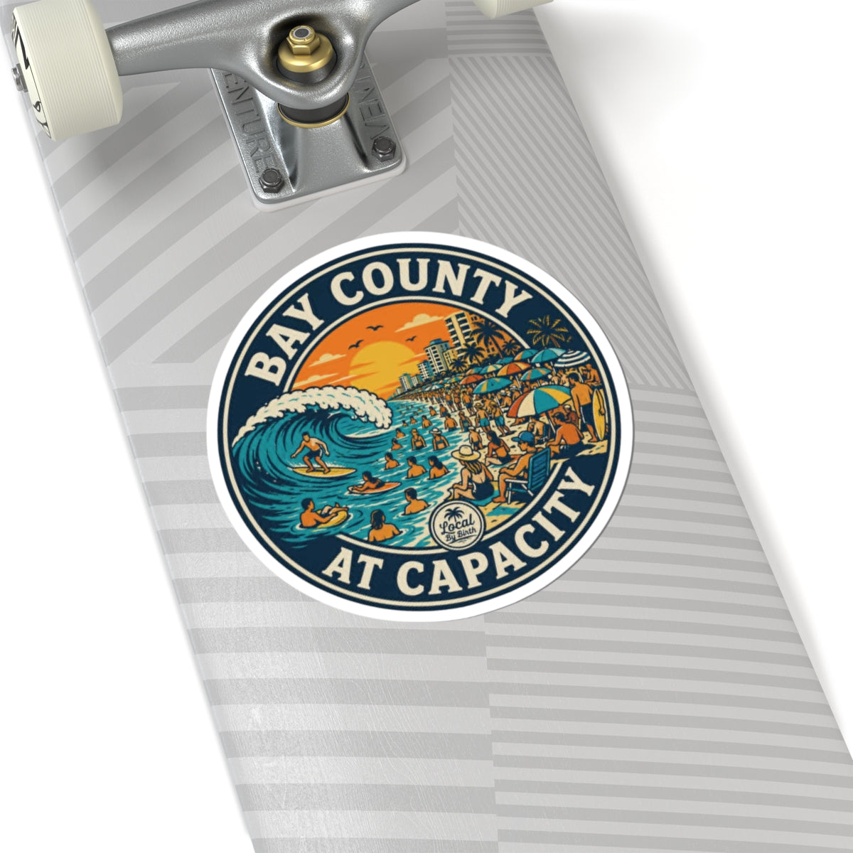 Bay County At Capacity Sticker — Retro Beach Surfing Scene Sticker