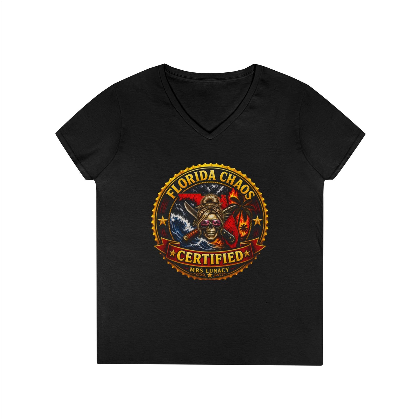 Florida Chaos V-Neck T‑Shirt — Mrs. Lunacy Badge